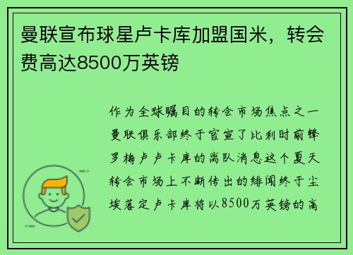 曼联宣布球星卢卡库加盟国米，转会费高达8500万英镑