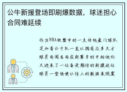 公牛新援登场即刷爆数据，球迷担心合同难延续
