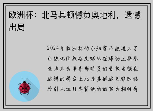 欧洲杯：北马其顿憾负奥地利，遗憾出局