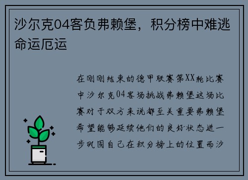 沙尔克04客负弗赖堡，积分榜中难逃命运厄运